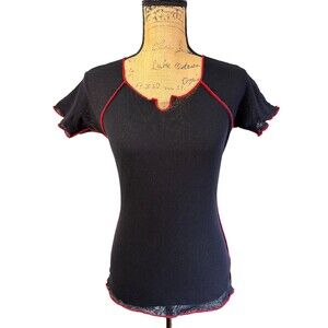 Only Hearts Helena Stuart Black Double Mesh Top Red Stitch Y2K Sz M/L Made USA
